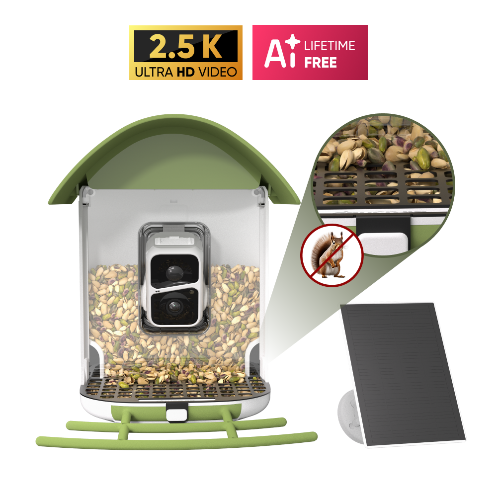 BirdSnap Smart Bird Feeder with camera and anti squirrel guard, featuring 2.5K ultra HD video and AI lifetime free technology on a white background.