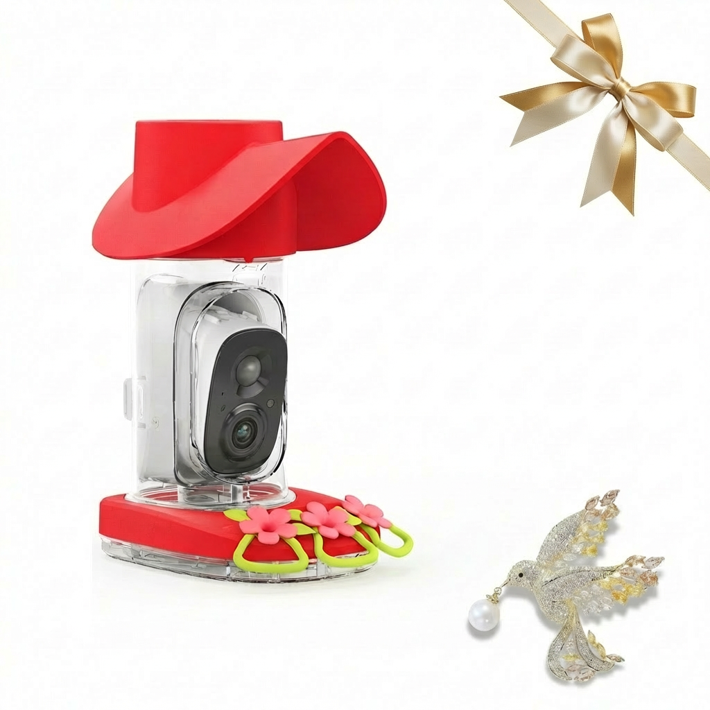 BirdSnap smart hummingbird feeder gift set with a hummingbird pin